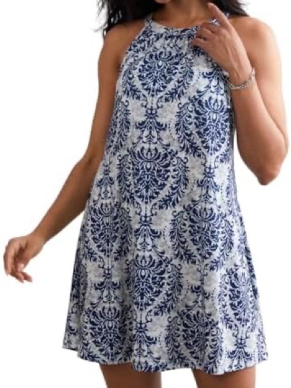Halter Mini Dress in Navy Blue Damask